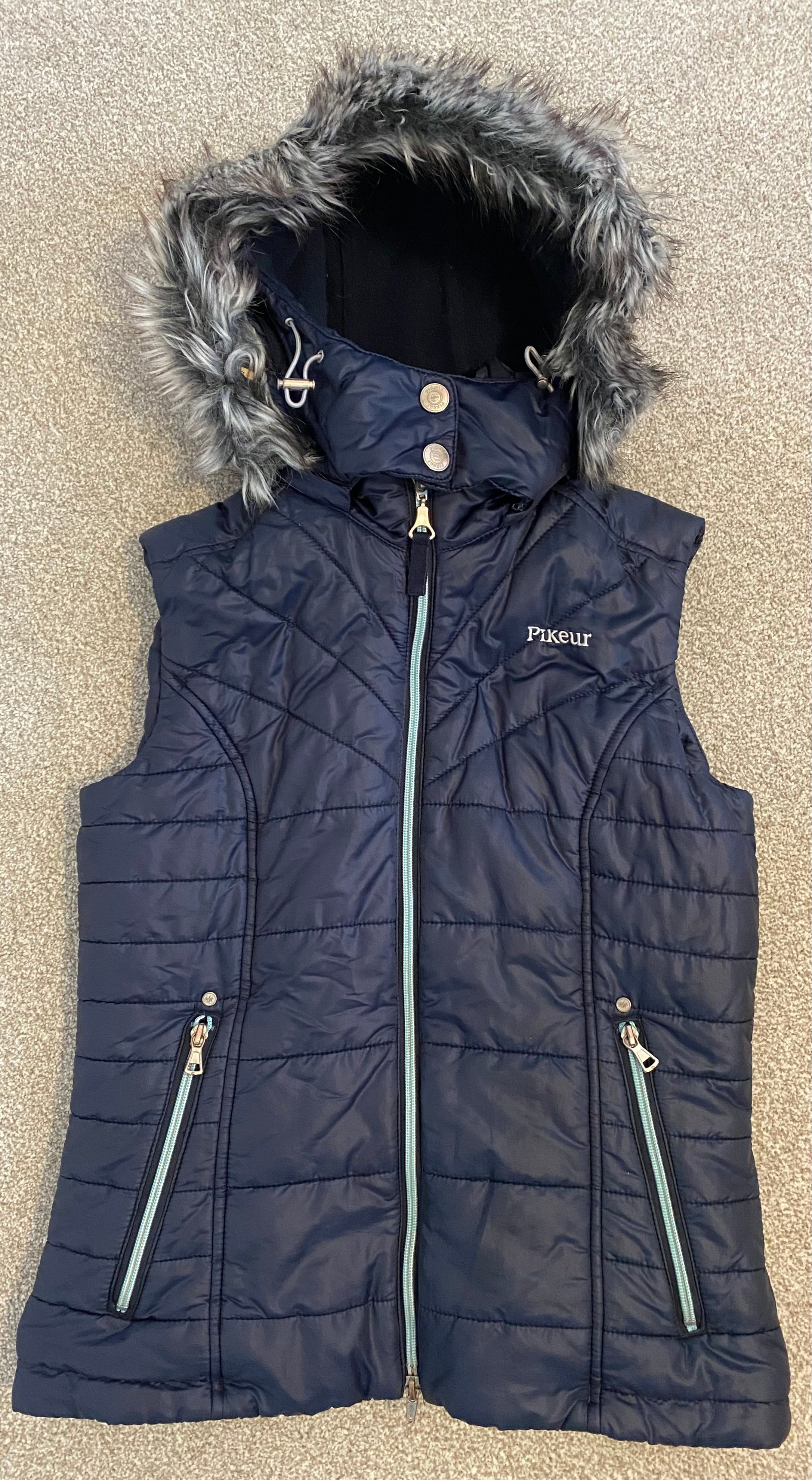Pikeur Naira Ladies Quilted Riding Gilet Navy UK 8 EU 36 Detachable Faux Fur Hood