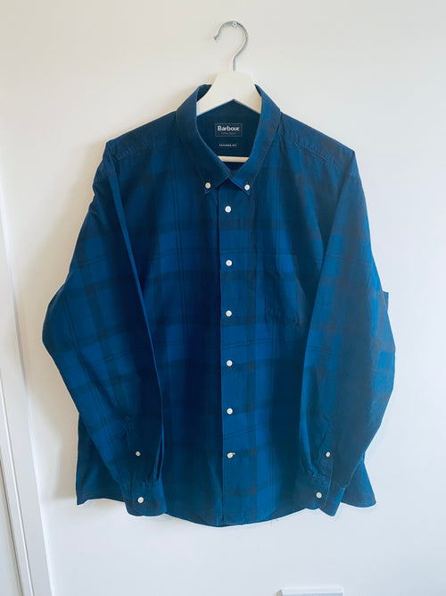 Barbour Dress Tartan Shirt Mens 3XL Blue Check Tailored Fit Long Sleeve