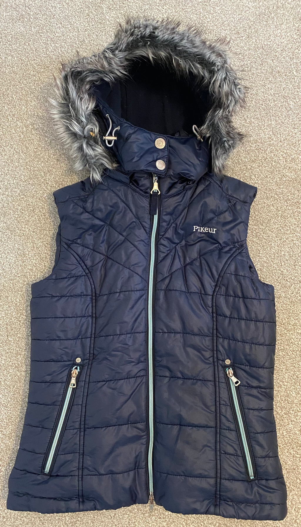 Pikeur Naira Ladies Quilted Riding Gilet Navy UK 8 EU 36 Detachable Faux Fur Hood
